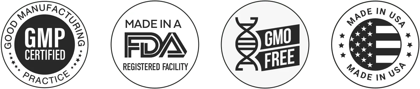 GMP Certified · Made in an FDA-registered facility · GMO-Free · Made in USA